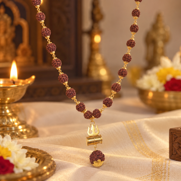 Gold Plated Rudraksha Mala With Shiv Ji Trishool Damroo