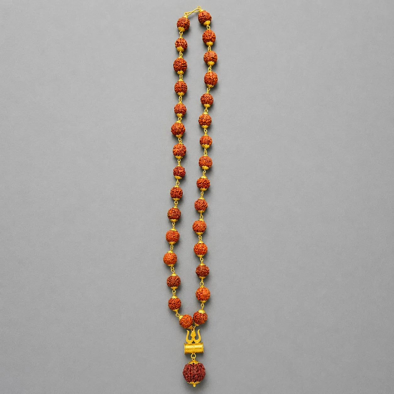 Gold Plated Rudraksha Mala With Shiv Ji Trishool Damroo