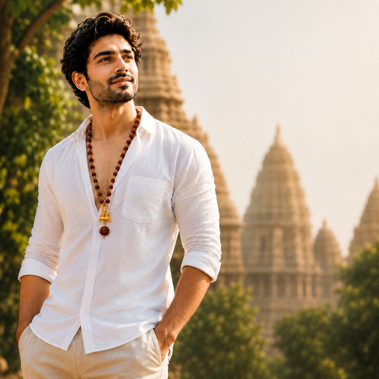 Gold Plated Rudraksha Mala With Shiv Ji Trishool Damroo