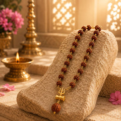 Gold Plated Rudraksha Mala With Shiv Ji Trishool Damroo