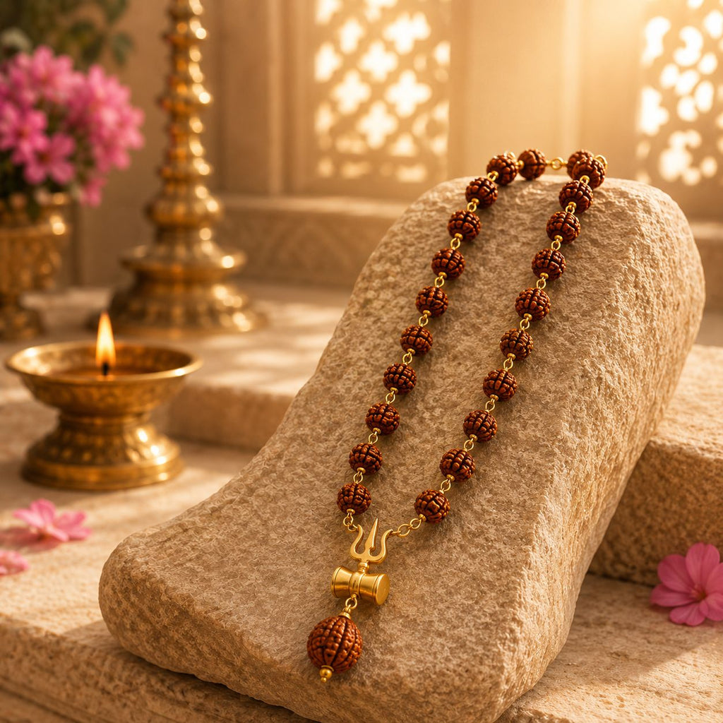 Gold Plated Rudraksha Mala With Shiv Ji Trishool Damroo