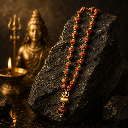 Gold Plated Rudraksha Mala With Shiv Ji Trishool Damroo