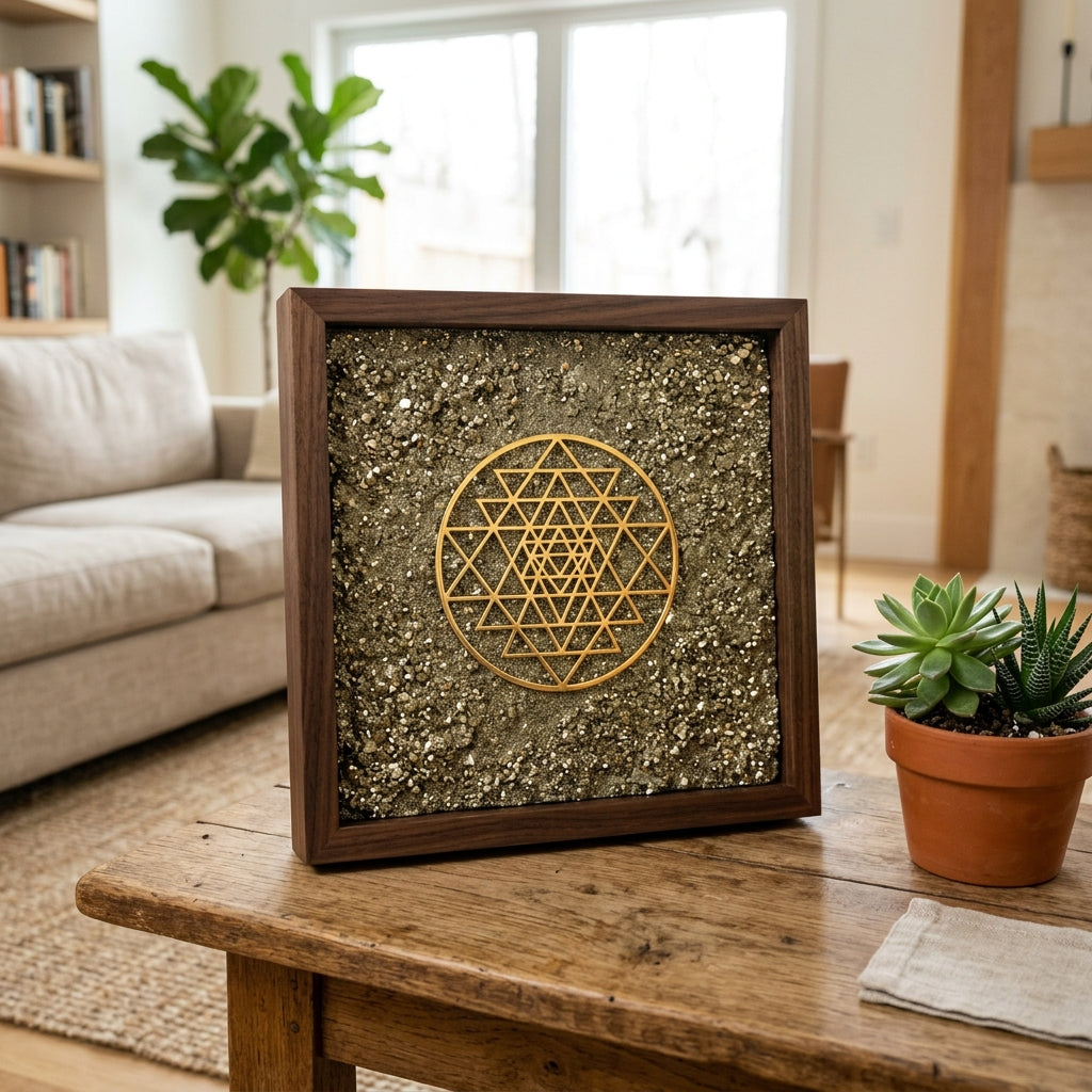Shree Yantra on Raw Pyrite Frame